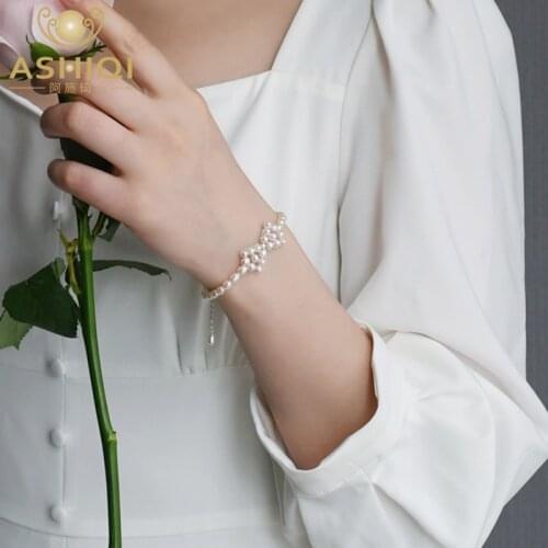 ASHIQI Natural Freshwater Pearl Bracelet Bowknot Woven 925 Silver Jewelry for Women Wedding Gifts