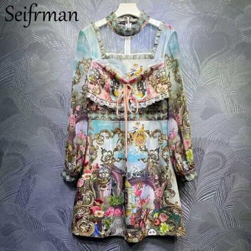 Seifrmann New 2021 Summer Women Fashion Runway Party Midi Dress Lantern Sleeve Lace Ruffles Floral Print Ladies A-Line Dresses