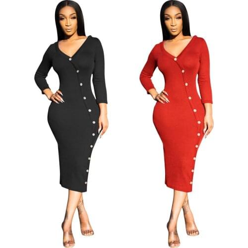 Women Spring Autumn Red Pencil Dresses Robe Femme Single-Breasted V-Neck Long Sleeve Slim Hips Long Y2K Dress For Woman Vestidos