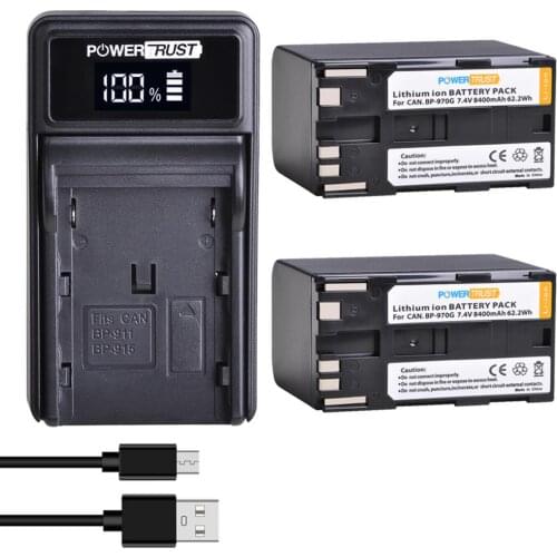 2Pcs 8400mAh BP-970G Battery and Charger for Canon EOS C100 EOS C100 Mark II EOS C300 EOS C300 PL EOS C500 EOS C500 PL GL2 XF100