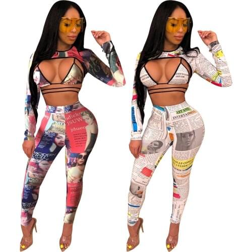 3pcs/set Sexy Hollow Out Club Outfit Women Long Sleeve Crop Top + Bandage Bra + Long Skinny Pants Fashion Printed Party Clubwear