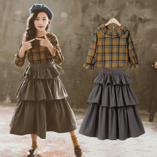 Spring Autumn Girls Suit 2021 Kids Clothing Set Teen Girls Outfits Long Sleeve Costume For Children Plaid Shirt+Skirt two-piece