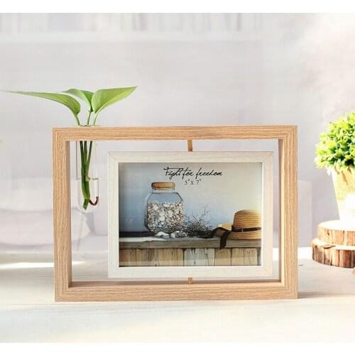 Wood Tabletop Double-Sided Swivel 5 X 7 inch Picture Frame Photo Holder with Bud Vase,Micro-landscape Glass Vase
