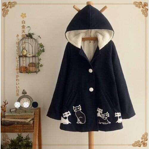 Pretty Cute Japanese Women Velvet Woolen Jacket Cat Printed Harajuku Hooded Coat Lolita Kawaii Warm Cartoon Outwear 2021