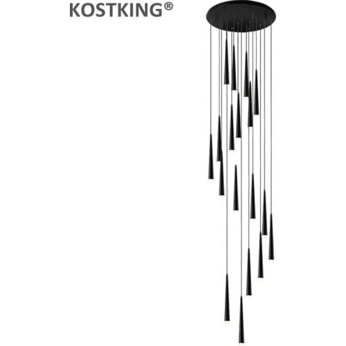 Modern Led Stairs Chandelier Black Aluminum Conical Long Stairs Chandelier Table Lamp Suspended Lights Spiral Gloss