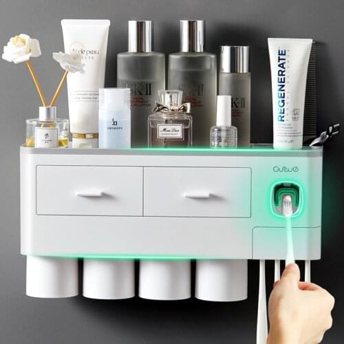 Magnetic Adsorption Inverted Toothbrush Holder Bathroom Accessories Set Automatic Toothpaste Dispenser Squeezer Storage Rack