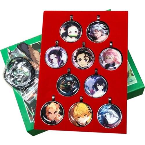 10pcs/set Demon Slayer Tanjirou Nezuko Inosuke Zenitsu Tengen metal Fashion pendant Necklace key Ring keychian cosplay For Gift