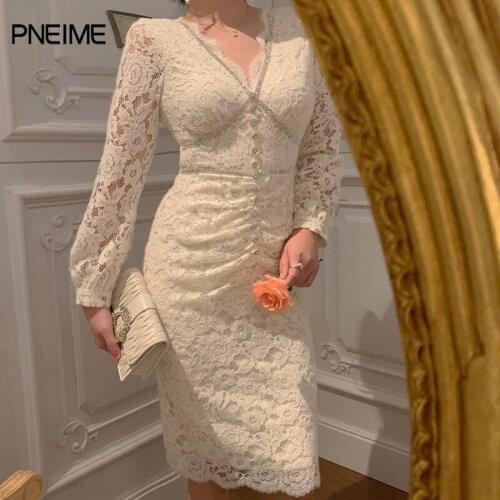 Pneime 2021 Fashion Women Dress White Slim Lace Dress Long Skirt Sexy Dress