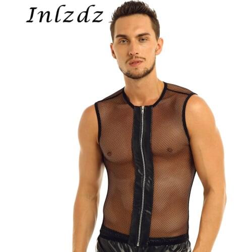 Harness Mens Lingerie Mesh Tank Fishnet Zipper Tank Top Sex T-Shirt See-through Muscle Transparent Body Suit Sex Homme T-Shirts