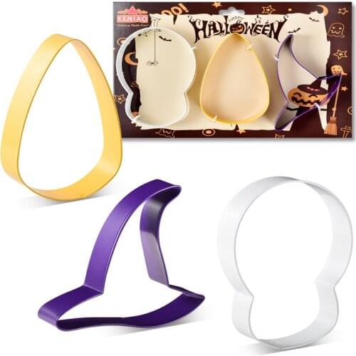 KENIAO Halloween Cookie Cutter Set - 3 PC -Skull, Candy Corn & Witchs Hat Biscuit Fondant Cutter - Color Coated Stainless Steel