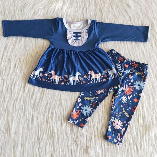 Wholesale Toddler Girl Cute Cartoon Outfits Children Navy Blue Top And Pants Set Baby Girls Fashion Long Sleeve Clothes