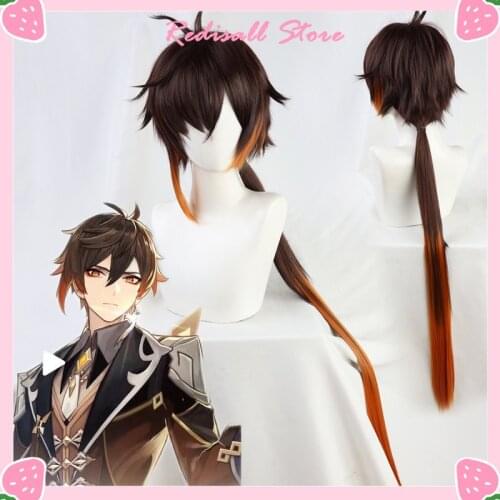 100cm Genshin Impact Zhongli Cosplay Wig Gradient Long Braid Heat Resisatnt Synthetic Hair Adult Mens Womens Free Wig Cap