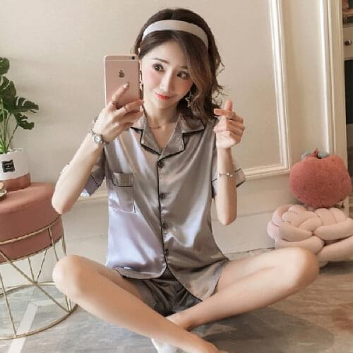 Plus Size 3XL 4XL 5XL 85kg Nightwear Set Short Sleeve Silk Pajamas Set Women Summer Silk Pijama Solid Color Sleepwear Pyjamas