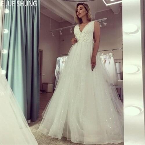 EJUE SHUNG Shiny Wedding Dresses Deep V Neck Backless Cutaway Sides Appliques Sequined A Line Wedding Gowns Vestido De Novia