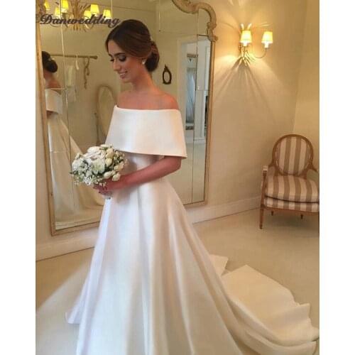 Simple Satin Boat Neck Wedding Dress Portrait Chapel Train Zipper Sleeveless A-Line Bridal Dress Custom Made Boho Wedding Gown
