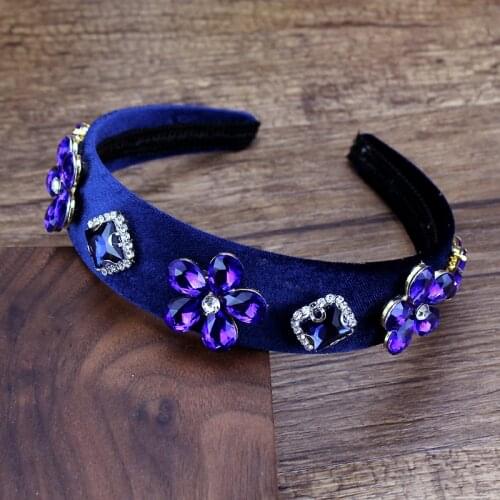 Simple Flower Royal Blue Crystal Hairband And Headband Pink Diamante Rhinestone Velvet Headdress For Women Hair Jewelry