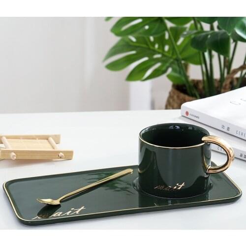 Scandinavian Ins Ink Green Gold Ceramic Plate Tray Coffee Cup Student Business Office Hotel Water Cup Gift Mug Set
