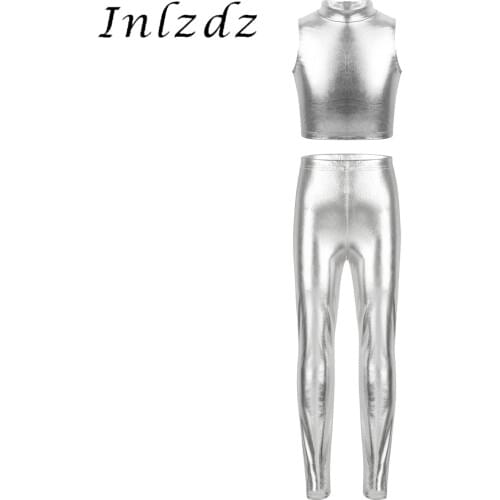 Kids Girls Metallic Turtleneck Dance Crop Tank Tops with Metallic Solid Skinny Pants Leggings for Ballet Dance Stage Performance