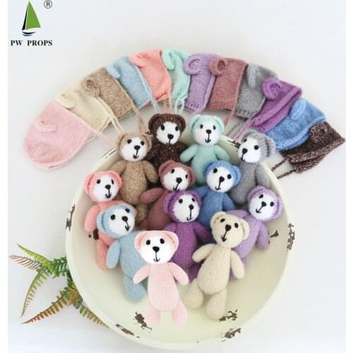 Knit Baby Hat and Bear Toy Set Newborn Photography Props Handmade Knitting Bear Ear Bonnet Animal Stuffer Baby Accessories Props
