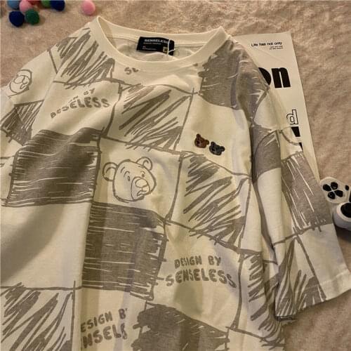 2021 New Korean Style T shirt Women Loose Casual Plaid Bear Printed Short Sleeve Tshirt Female Student Vintage Couple Top