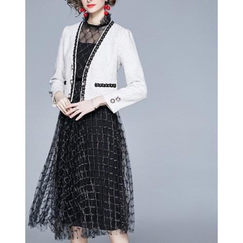 Women Spring Elegant Dress Suit High Quality V-Collar Outerwear Office Lady Party Robe Femme Vintage Designer Lattice Mesh Dress
