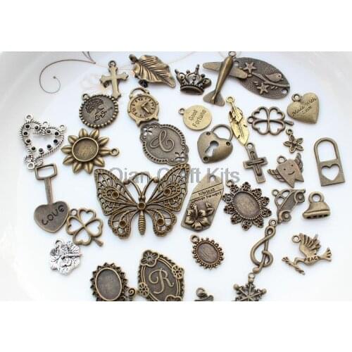 150pcs mixed styles of zinc alloy antiqued bronze silver charm pendants sampler set 15mm-50mm lead and nickle free