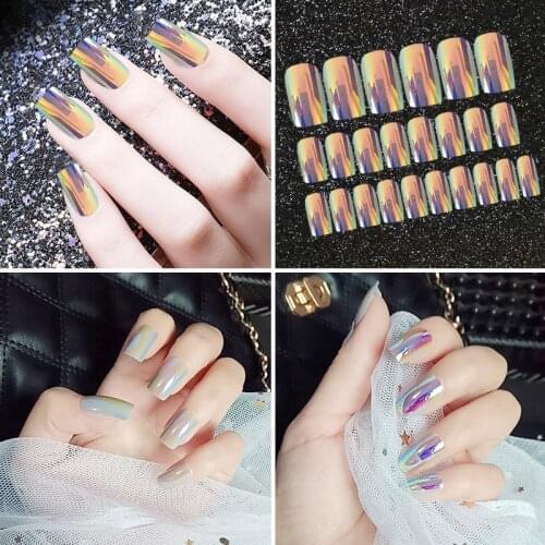 24pcs Fake Nails Aurora Splendor Magic Mirror Chrome Artificial Nails Full Cover False Wearable Manicure Finished Nail Tip
