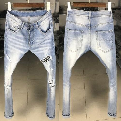 American Street Style Fashion Men Jeans Retro Light Blue Elastic Slim Fit Ripped Jeans Men Patches Designer Hip Hop Punk Pants