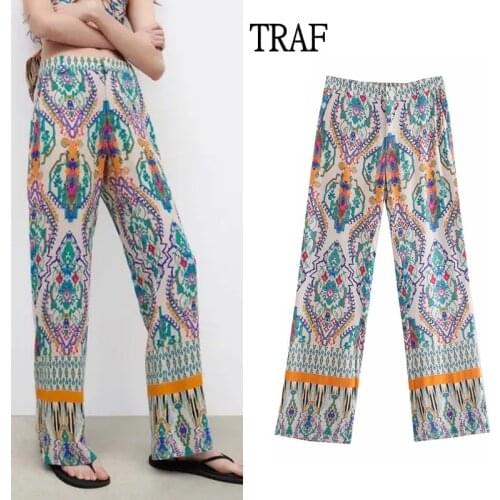 TRAF Za Womens Pants 2021 Summer Vintage Print High Waist Flare Pants Woman Fashion Zipper Pocket Elegant Trouser Women Pants