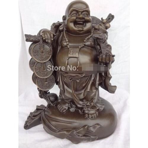 Fast shipping 17" China Pure Bronze Fu Coin Happy Laughing Maitreya Buddha Statue On Money Bag