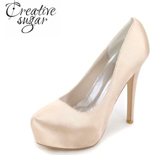 Creativesugar closed toe inside platform lady high heels satin dress shoes slip on pumps Champagne royal blue red ivory white