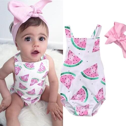 Summer Romper Sleeveless Print One-pieces Newborn Baby Girl Kids Romper Adorable Baby Headband Clothes Outfits 0-24M