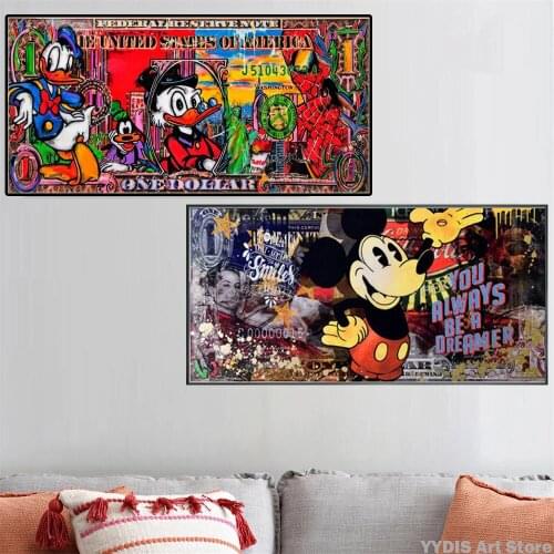 Disney Cartoon Graffiti Art Poster Mickey Mouse Money Dollar Street Art Canvas Painting Print Wall Art Picture Home Decor Cuadro