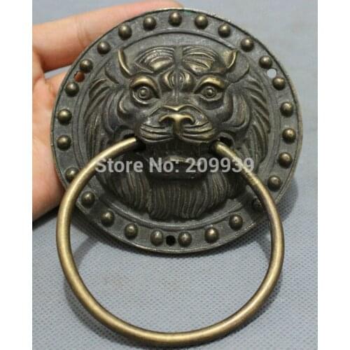 Huij 006675 Chinese Bronze Copper Carved FengShui Lion Head Statue Palace Mask Door Knocker (A0314)