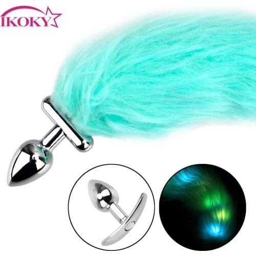 IKOKY Luminous Blue Fox Tail Butt Plug Sex Toys for Women Sexshop Slave Cosplay Tail Adult Games Bright Anal Plug