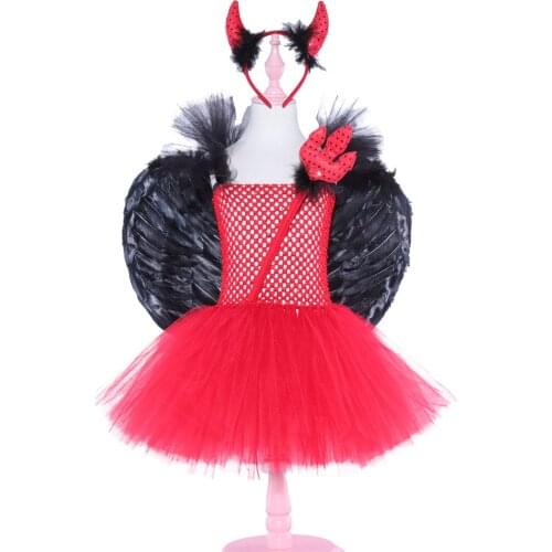 Red Devil Children Kids Cosplay Costume Girls Tutu Dress with Horns and Wings Kids Clothing Set for Girl Baby Birthday Gift