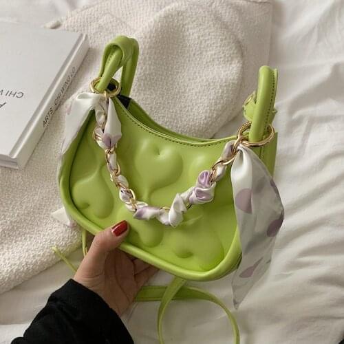 Mini Cute PU Leather Baguette Armpit Crossbody Bag with Silk Scarf Handle for Women 2021 Chain Party Tends Shoulder Handbags