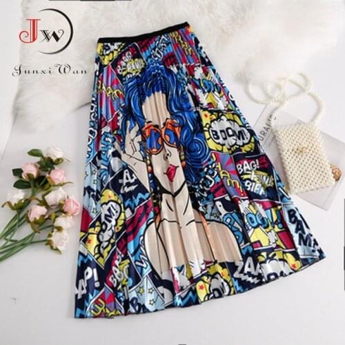 2020 New Fashion Women Vintage Summer Party Pleated Casual Print A Line Skirts Robe Femme One Size Lastic Band Midi Skirt