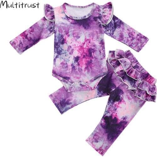 2020 Autumn Newborn Baby Girls Clothes Set Long Sleeve Tie Dye Color Romper Tops Ruffles Pants Infant Sleepwear Clothing Outfits
