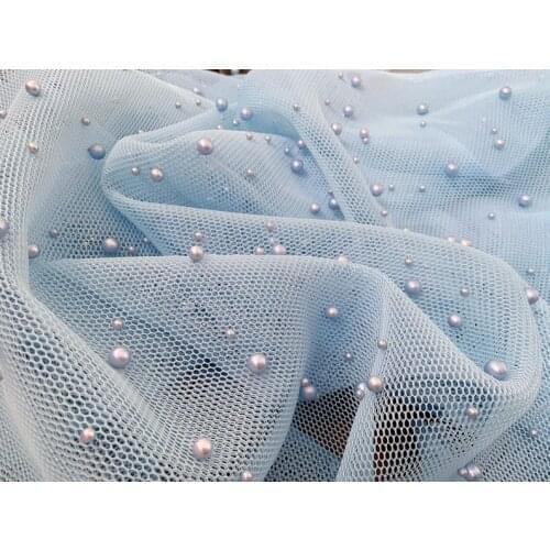 1 yards Light Blue Mesh Fabric With Pink Pearls Pearl Bead Net Fabric For Couture 2021 New Arrival