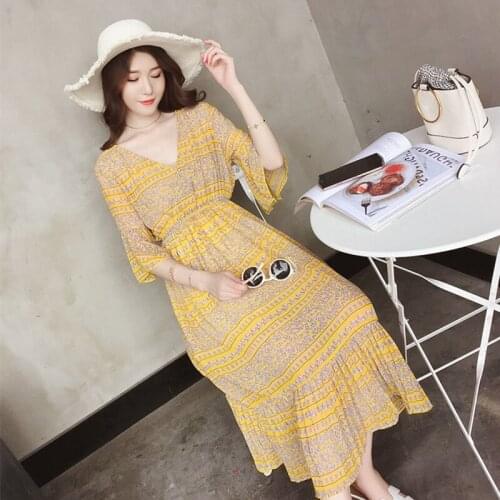 Chiffon Beach Dresses 2020 Bohemian Dress For Women Lace Up Ruffle Vintage Floral Long Boho Chic Dress Summer Vestidos DD2494