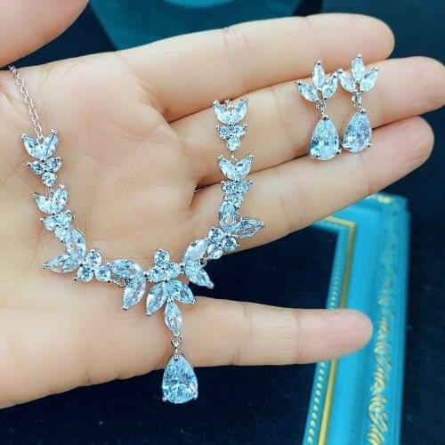 Cute Female Crystal Water Drop Jewelry Set Charm Silver Color Dangle Earring For Women Boho White Zircon Wedding Chain Necklace