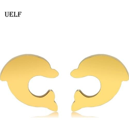 Uelf Cute Romantic Dolphin Love Stud Earrings For Women High Quality Stainless Jewelry Silver Plated Round Brinco Bijoux