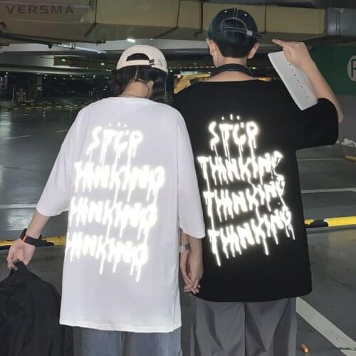VERSMA Korean Ulzzang Reflective Print Vintage T Shirt Men Hip Hop Streetwear Oversize Rock White T-shirt Men Women Dropshipping