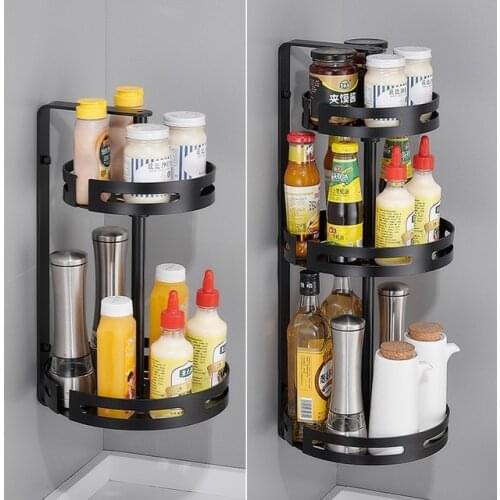 Rotating Spice Rack Punch Free Multifunction Corner Storage Rack Stainless Steel Kitchen Organizer