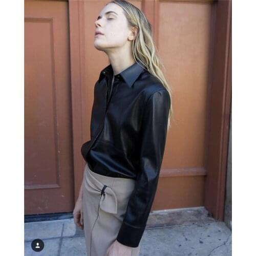 VERY SOFT PU Leather Shirt Collar JACKET Front Button UP Asymmetric Hem SLIT SIDE Fashion Top Woman 2019fw