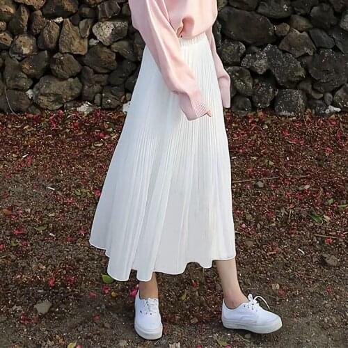 Womens Sweet Pleated Midi Long Skirt Female Casual High Waist Chiffon Skirts Pure Color Summer skirt B061