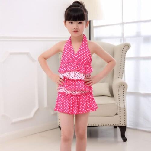 1-15Y Girls One-piece Skirt Swimsuits 2021 Summer Kids Ruffle Halter Bikini Children Swimwear Dot Print Backless Girls Beachwear