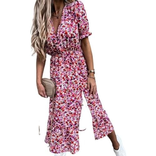 Spring Floral Print Slim Long Shirt Dress Women V-neck Button Split Party Dress Free Shipping