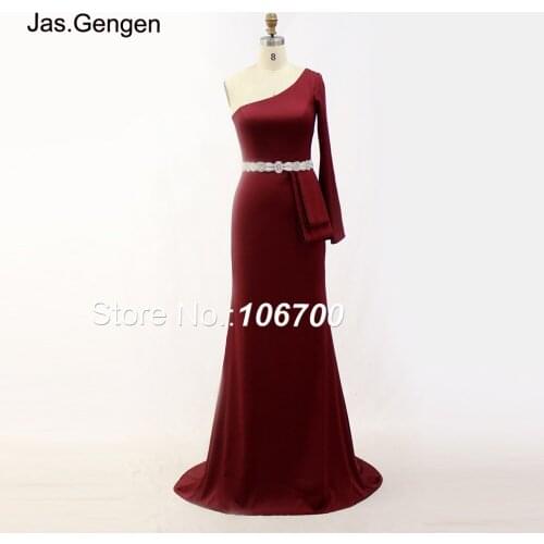 New Mermaid Long Prom Gown One Shoulder Hand Make Crystal Beading Shining Sashes Crepe Fabric Elegant Long Evening Gown 1154